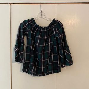 Green blue and white plaid off the shoulder top